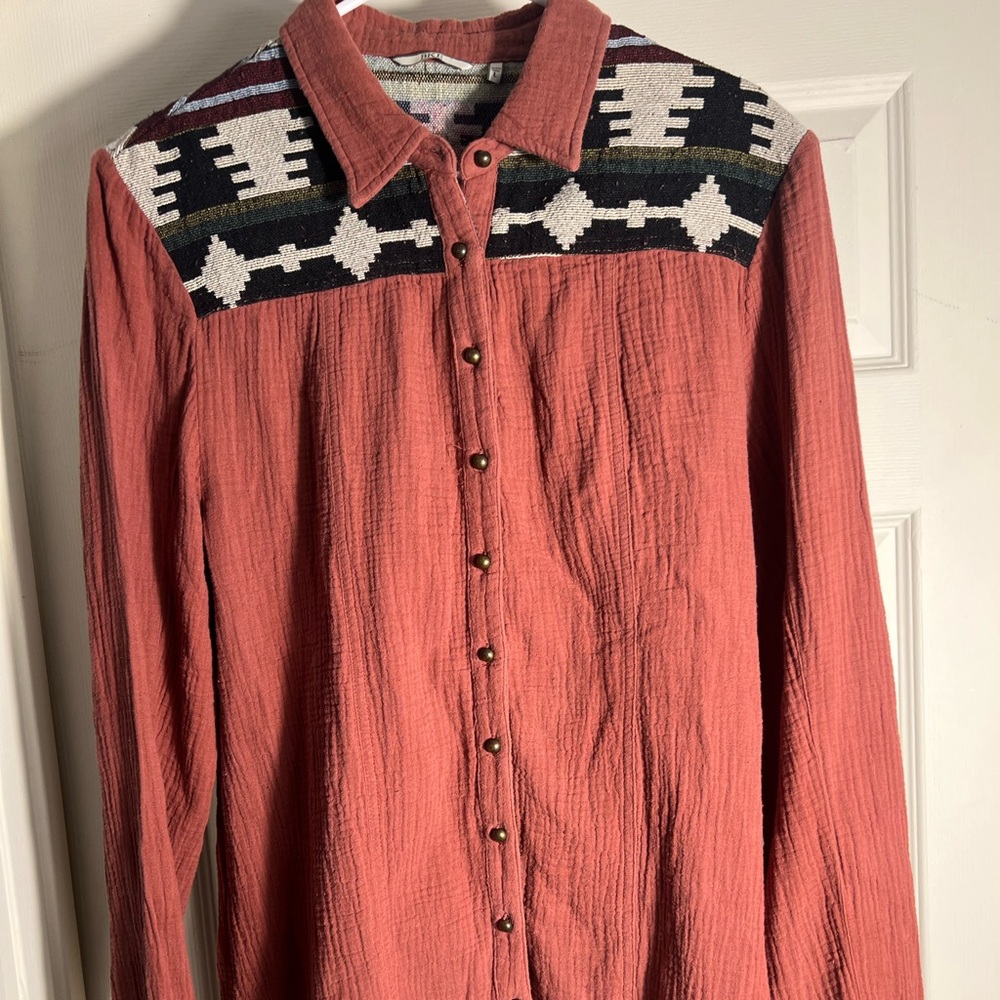 Bke Red Rust Patterned Button-Up Shirt Western Az… - image 1